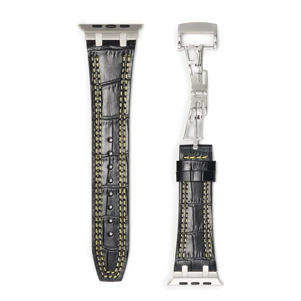 Bamboo Leather Deployment Strap | AP-Inspired — Coutures noir-jaune / Argent / 46mm/45mm/44mm
