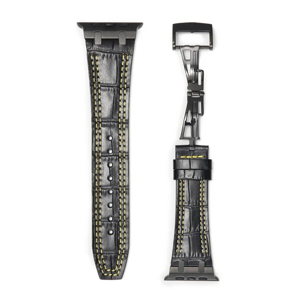 Bamboo Leather Deployment Strap | AP-Inspired — Coutures noir-jaune / Noir / 46mm/45mm/44mm