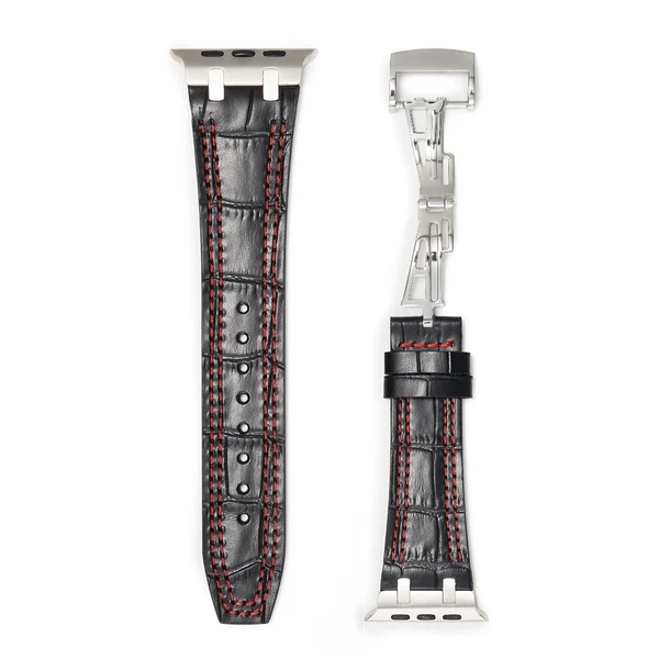 Bamboo Leather Deployment Strap | AP-Inspired — Coutures noir-rouge / Argent / 46mm/45mm/44mm