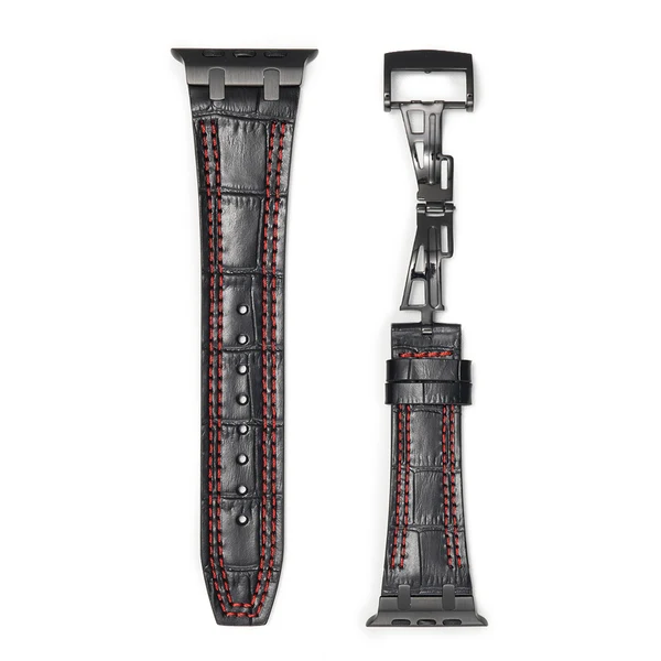 Bamboo Leather Deployment Strap | AP-Inspired — Coutures noir-rouge / Noir / 46mm/45mm/44mm