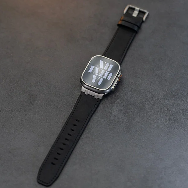 AP Leather Band For Apple Watch — Czarny – tytanowy adapter / 46mm/45mm/44mm