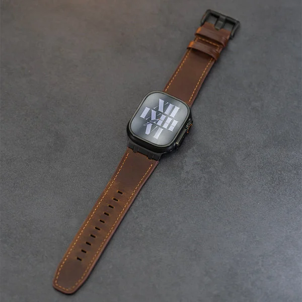 AP Leather Band For Apple Watch — Ciemnobrązowy – czarny adapter / 46mm/45mm/44mm