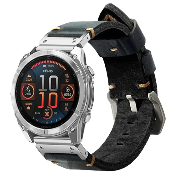 Garmin QuickFit Vintage Leather Band — Schwarz / Silber / 26mm