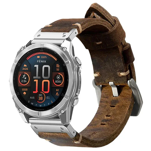 Garmin QuickFit Vintage Leather Band — Dunkelbraun / Silber / 26mm