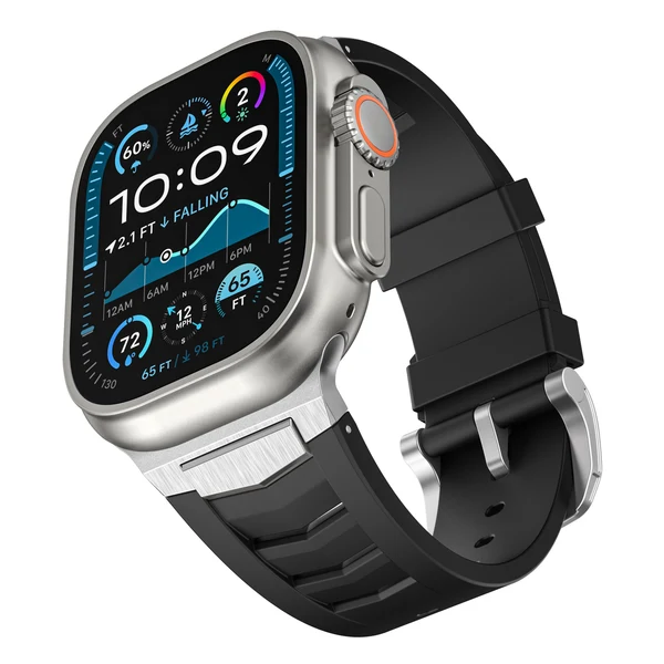 Mecha Fluororubber Band For Apple Watch — Armband Schwarz – Schließe Silber / 46mm/45mm/44mm