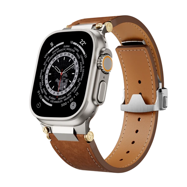 Deployment Buckle Leather Band — Brązowy / Srebrny / 46mm/45mm/44mm