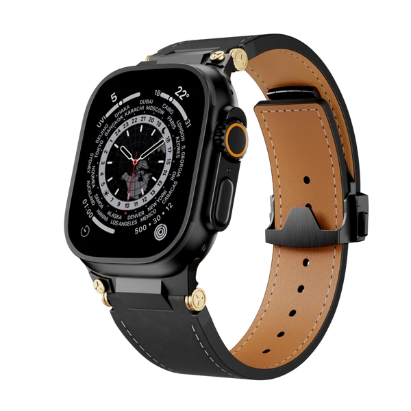 Deployment Buckle Leather Band — Czarny / Czarny / 46mm/45mm/44mm