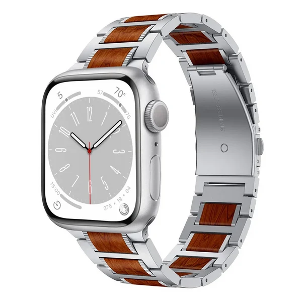 Natural Red Sandalwood & Metal Watch Band — Silver / 40mm/41mm/42mm