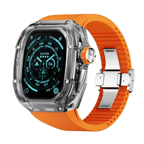 RM Crystaluxe — Schwarz-transparenter Kristall · Silber / Orange / 49 mm