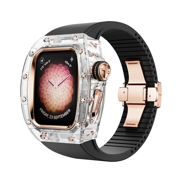 RM Crystaluxe — Transparenter Kristall · 18 Karat Roségold / Mitternachtsschwarz / 45 mm