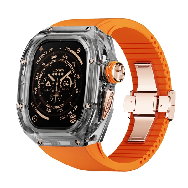 RM Crystaluxe — Schwarz-transparenter Kristall · 18 Karat Roségold / Orange / 49 mm