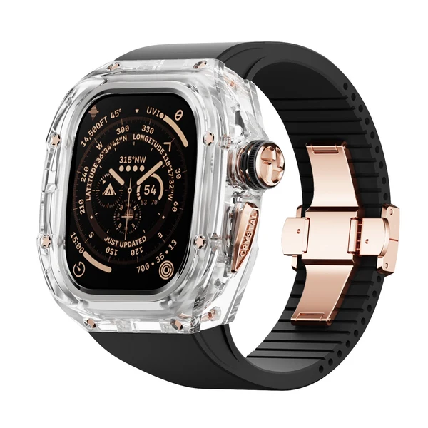 RM Crystaluxe — Transparenter Kristall · 18 Karat Roségold / Mitternachtsschwarz / 49 mm