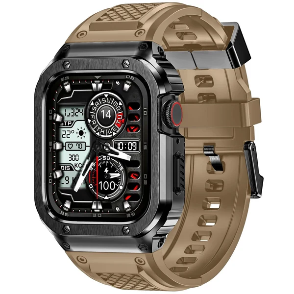Rugged Steel — Czarna koperta – brązowy pasek / 44 mm