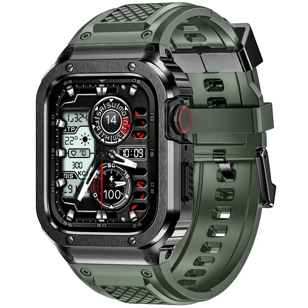 Rugged Steel — Czarna koperta – zielony pasek / 44 mm
