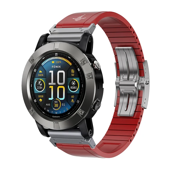 The Shark — Fine Watchmaking Grade FKM Garmin Watch Band — Red-Silver Buckle / 26mm