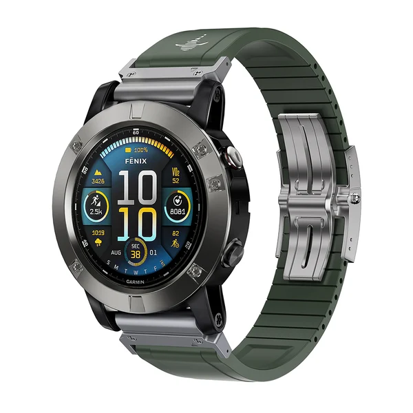 The Shark — Fine Watchmaking Grade FKM Garmin Watch Band — Green-Silver Buckle / 26mm
