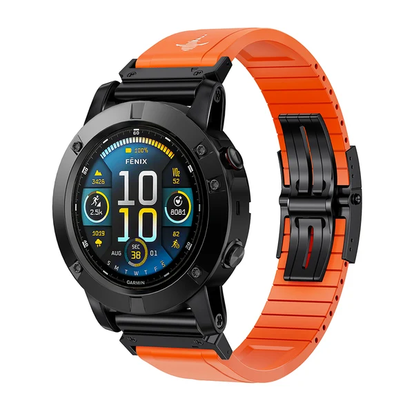 The Shark — Fine Watchmaking Grade FKM Garmin Watch Band — Orange-Black Buckle / 26mm