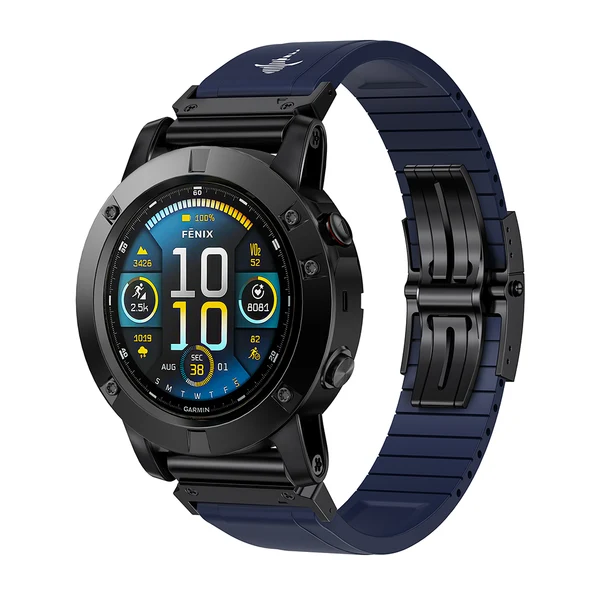 The Shark — Fine Watchmaking Grade FKM Garmin Watch Band — Blue-Black Buckle / 26mm