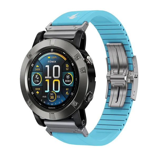 The Shark — Fine Watchmaking Grade FKM Garmin Watch Band — Turquoise-Silver Buckle / 26mm