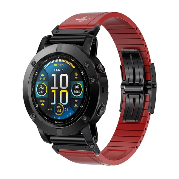 The Shark — Fine Watchmaking Grade FKM Garmin Watch Band — Red-Black Buckle / 26mm