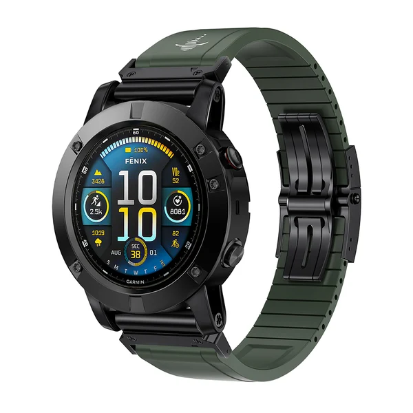 The Shark — Fine Watchmaking Grade FKM Garmin Watch Band — Green-Black Buckle / 26mm
