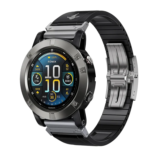 The Shark — Fine Watchmaking Grade FKM Garmin Watch Band — Black-Silver Buckle / 26mm