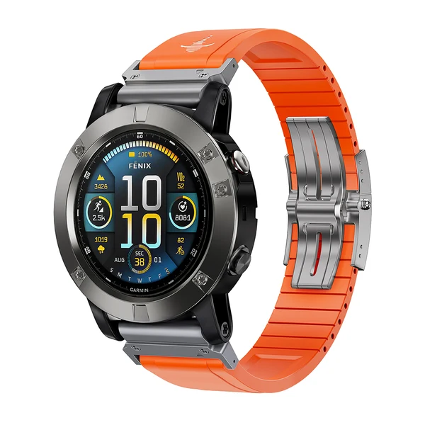 The Shark — Fine Watchmaking Grade FKM Garmin Watch Band — Orange-Silver Buckle / 26mm