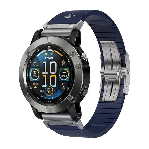The Shark — Fine Watchmaking Grade FKM Garmin Watch Band — Blue-Silver Buckle / 26mm