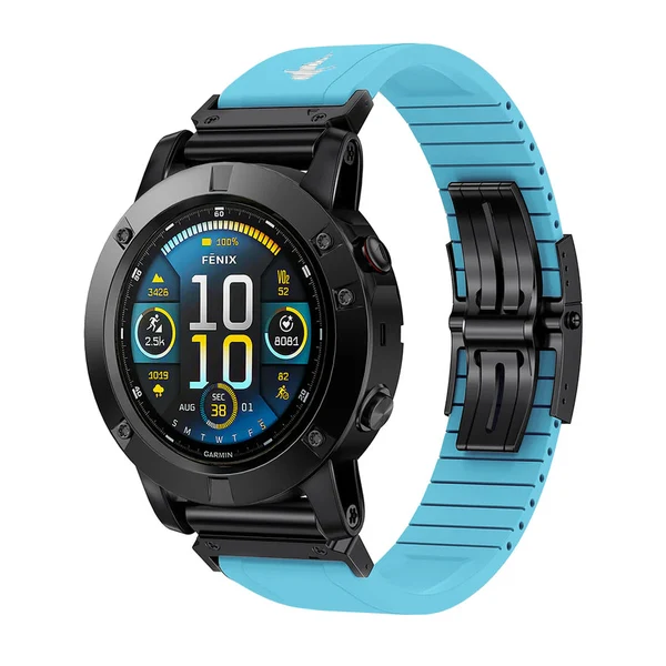 The Shark — Fine Watchmaking Grade FKM Garmin Watch Band — Turquoise-Black Buckle / 26mm
