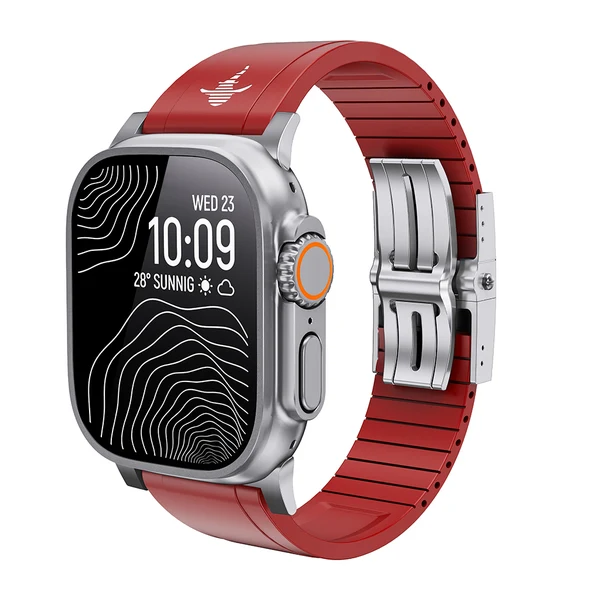 The Shark — Fine Watchmaking Grade FKM Apple Watch Band — Czerwony – srebrna klamra / 42mm/41mm/40mm