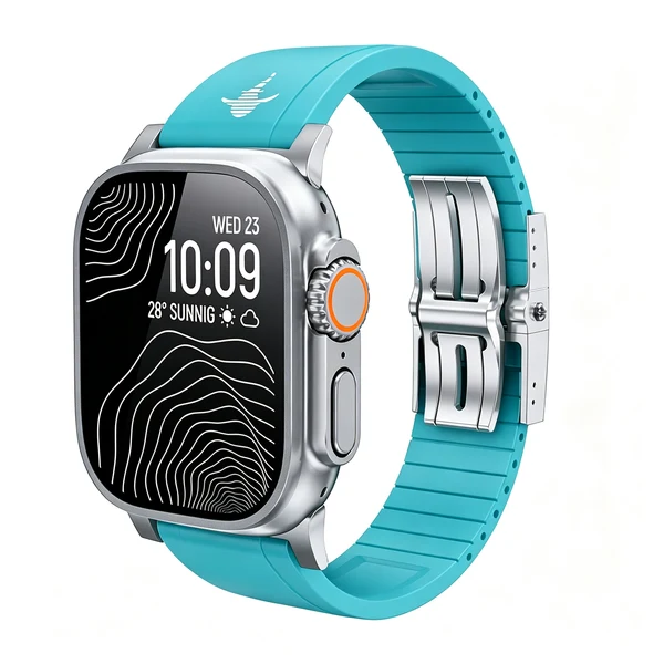 The Shark — Fine Watchmaking Grade FKM Apple Watch Band — Turkusowy – srebrna klamra / 42mm/41mm/40mm