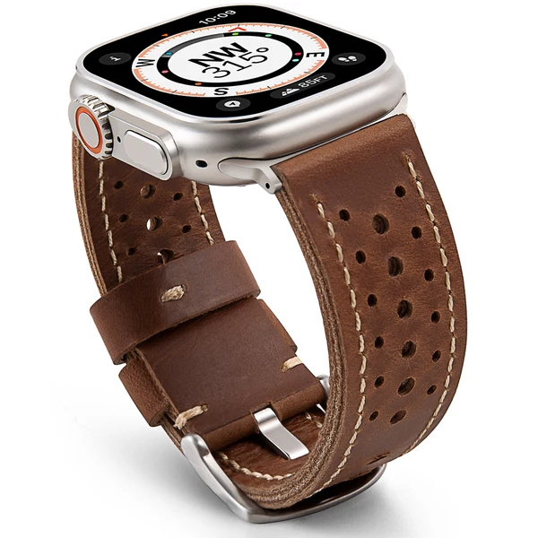 Vintage Racing Leather Band For Apple Watch — Marron / Argent / 40mm/41mm/42mm